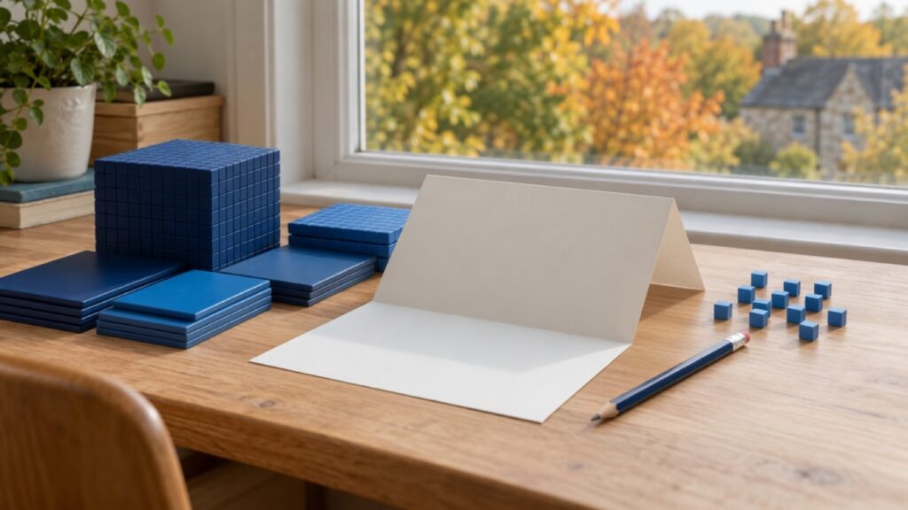 A blank folded card, a pencil and building blocks