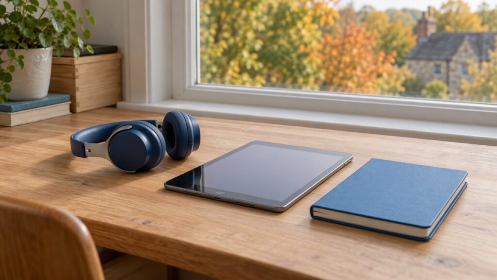 A tablet, headphones and a notebook